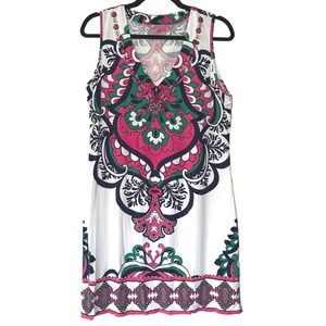 Joyous & Free Large Pink Green Paisley Beaded V-Neck Sleeveless‎ Shift Dress